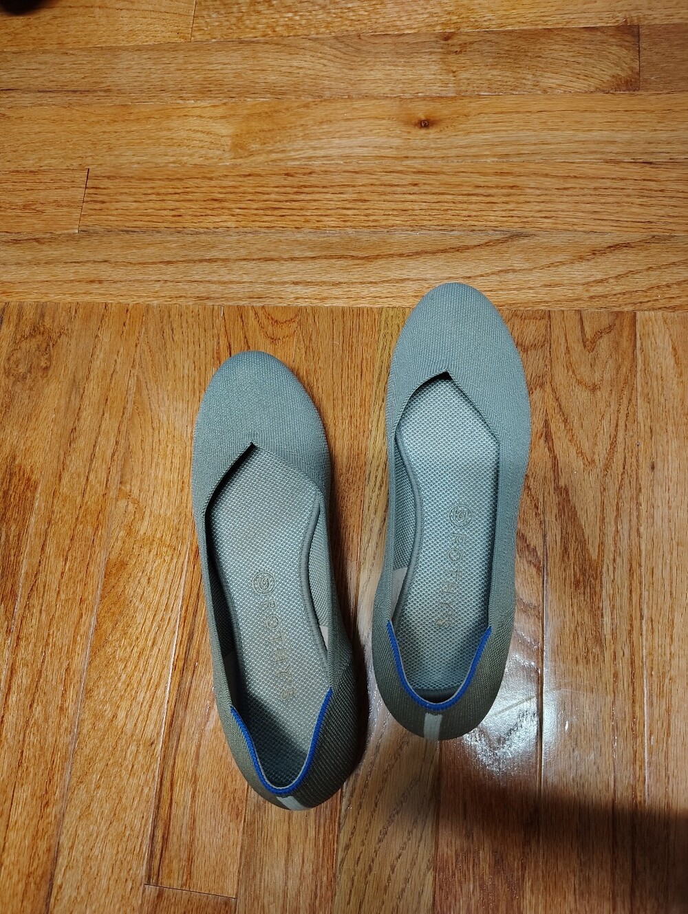 Rothy's Knit Ballet Flats in Sage Green with Blue Trim